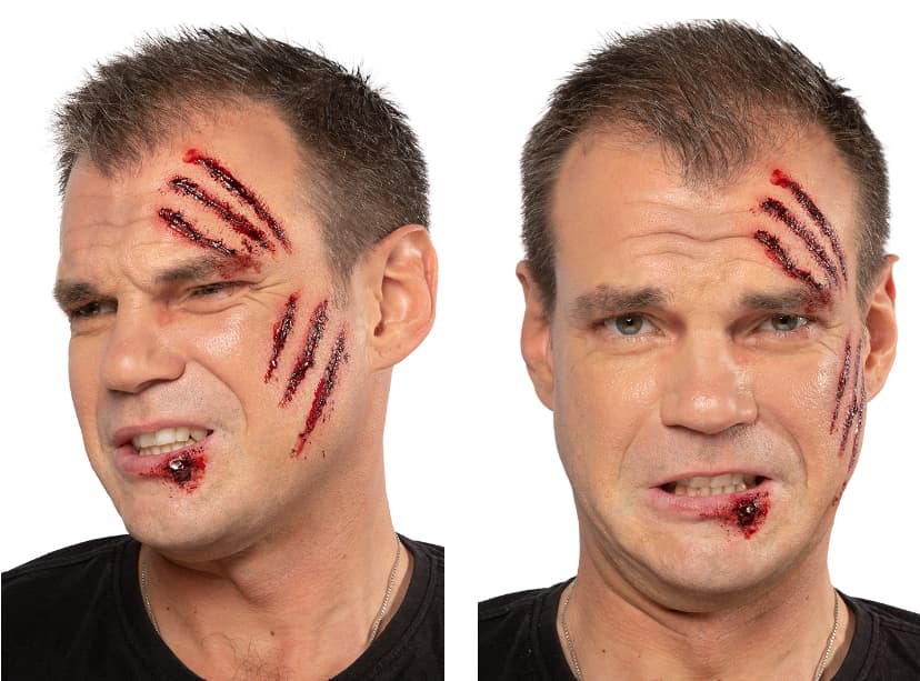 Kunstige sår sminket med Kryolan Artex (silikonprodukt) i ansiktet på en mann til halloween sminke